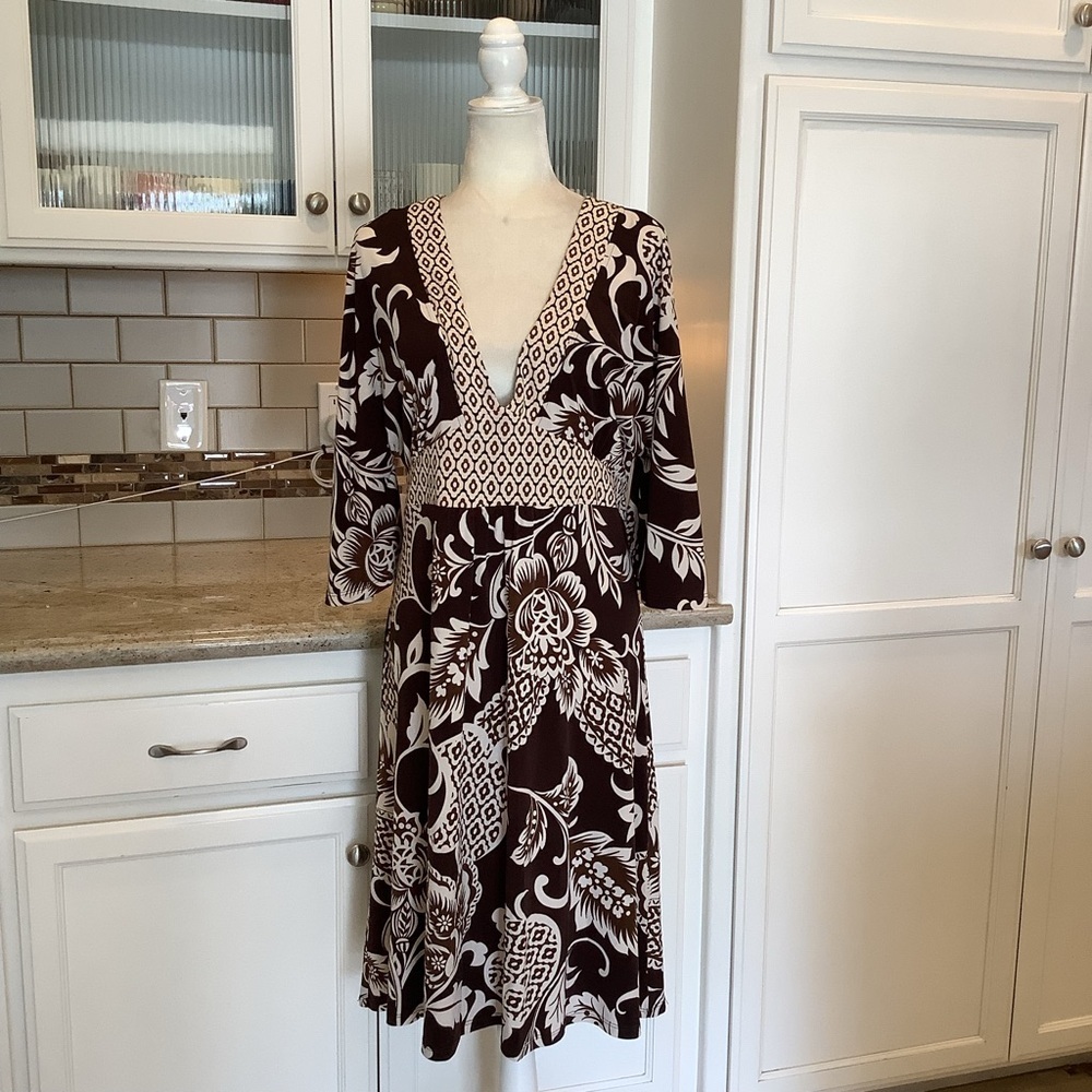 Donna Rae Brown & White Floral Stretch Knit Dress Size XL